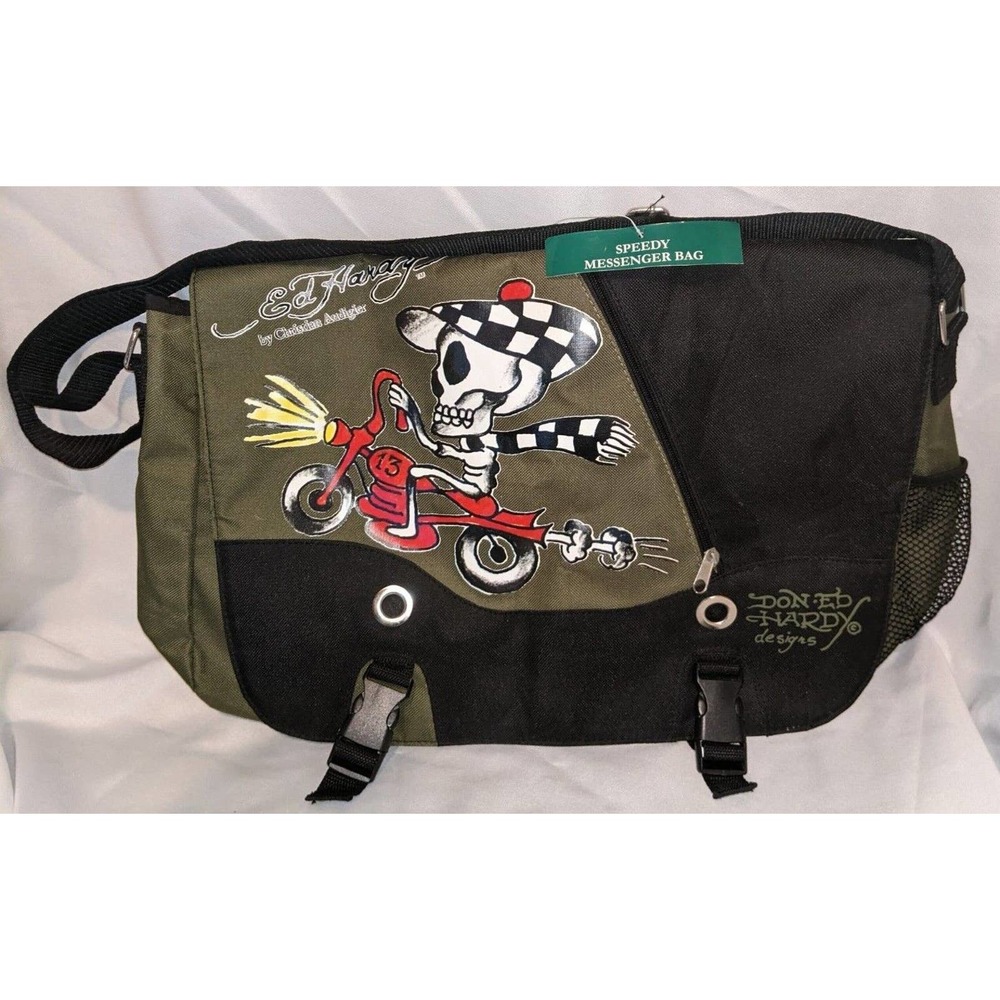 Ed Hardy SPEEDY Motorcycle Skeleton ARMY GREEN Messenger Bag Y2K NWT - Picture 2 of 7